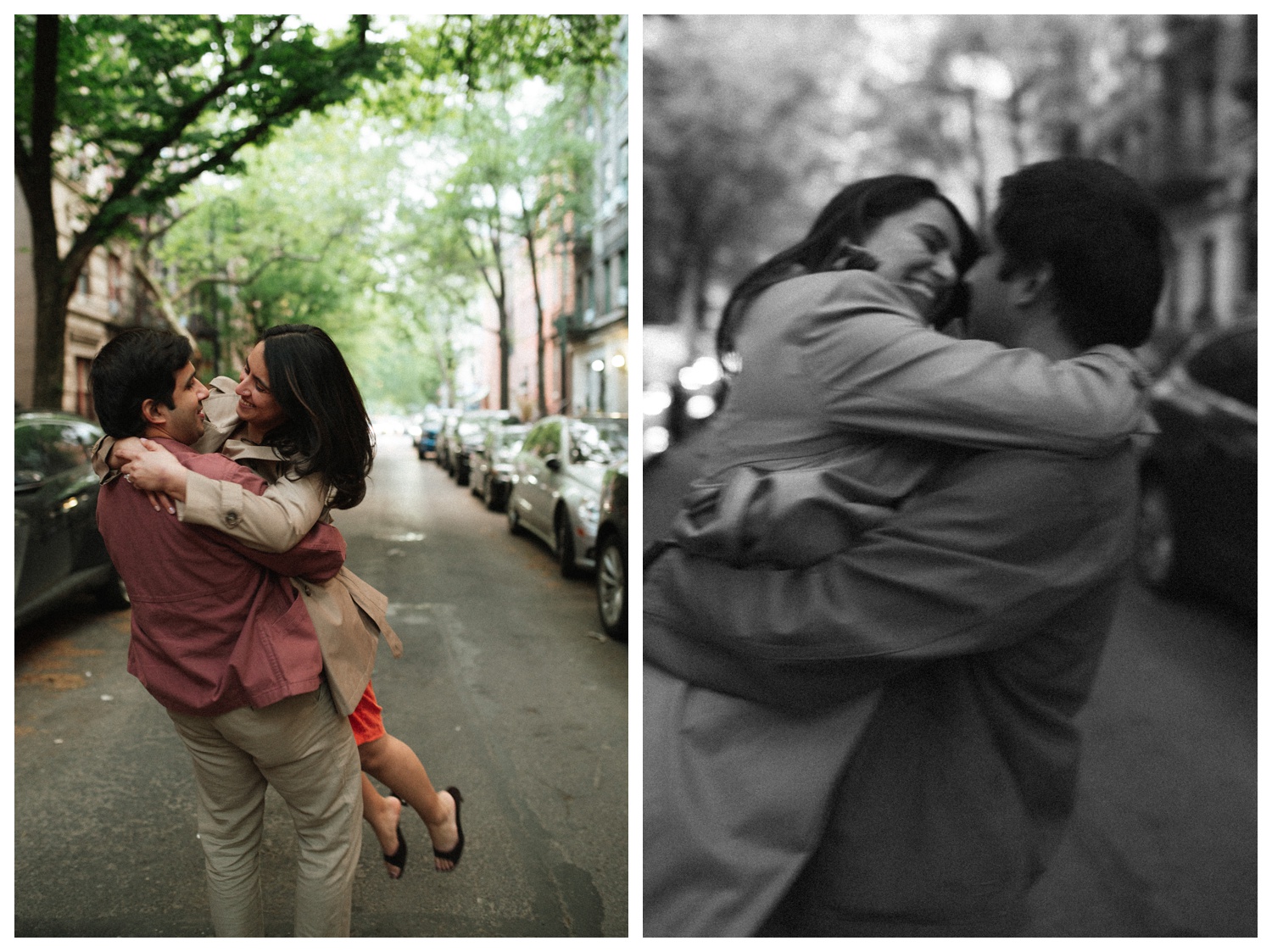 A couple embracing and spinning down the cinematic streets of the West Village. NYC Wedding Photographer. Brooklyn Wedding Photographer.