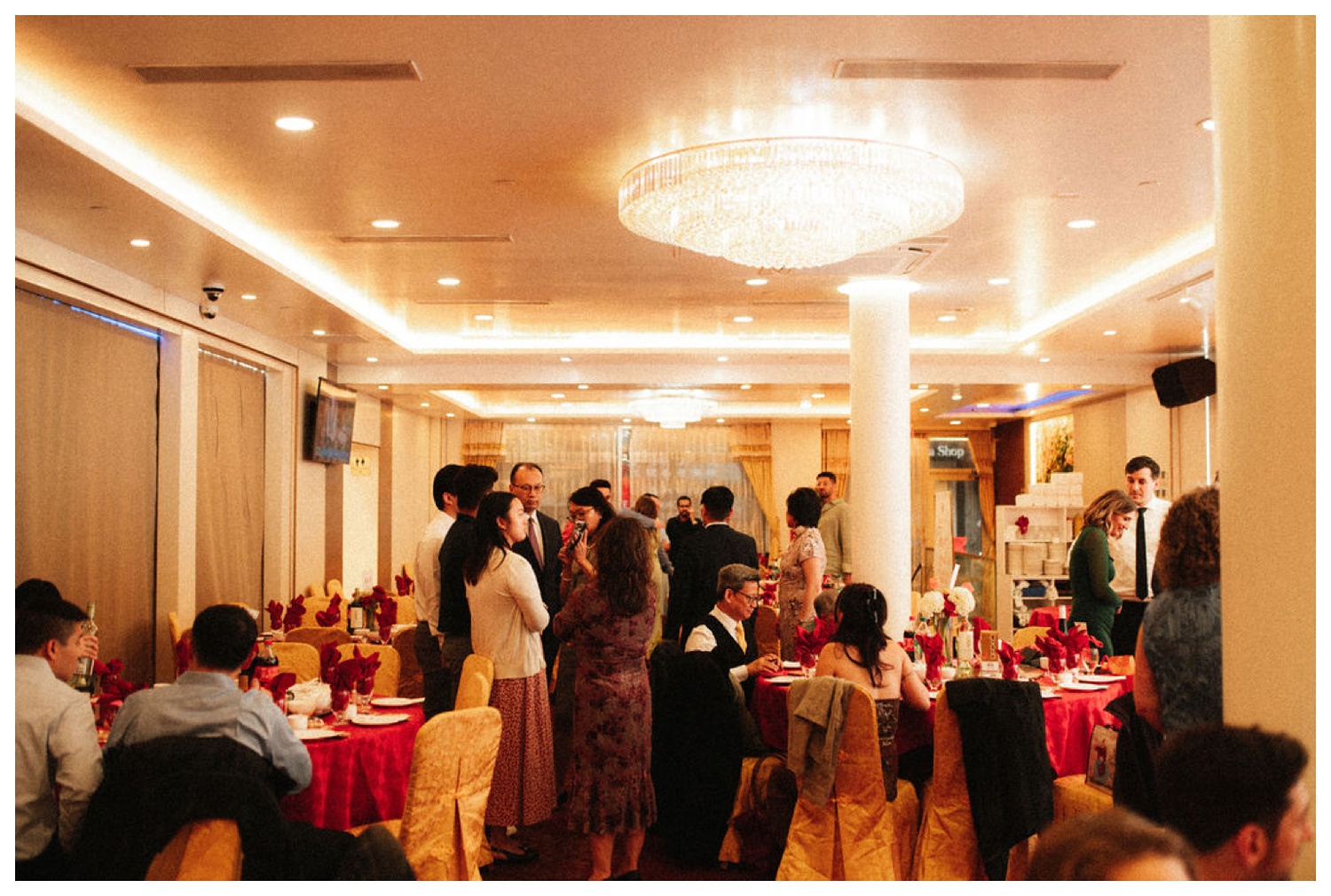 Guests arriving and talking before the couple's tea ceremony begins