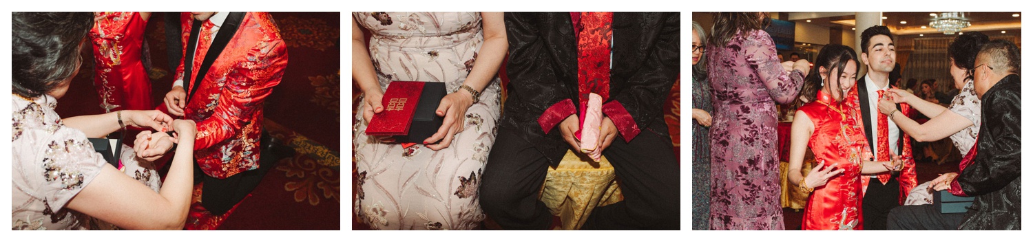 bride and groom accepting jewelry at their tea ceremony in NYC at House of Joy in Chinatown. Parr Photo Co.