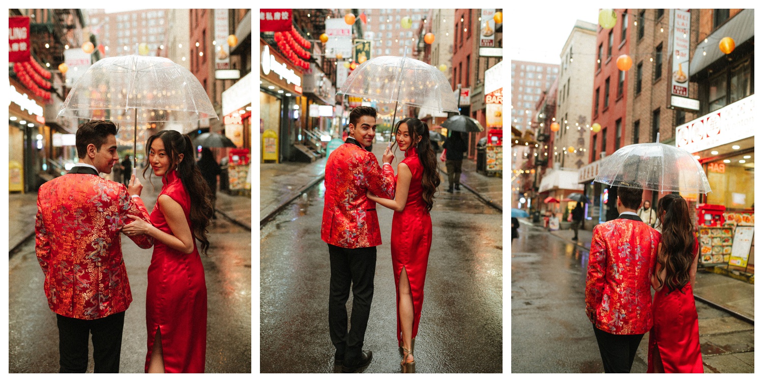 A couple taking portraits on the streets of chinatown in NYC for their tea ceremony at House Of Joy. NYC Wedding Photographer. Parr Photo Co
