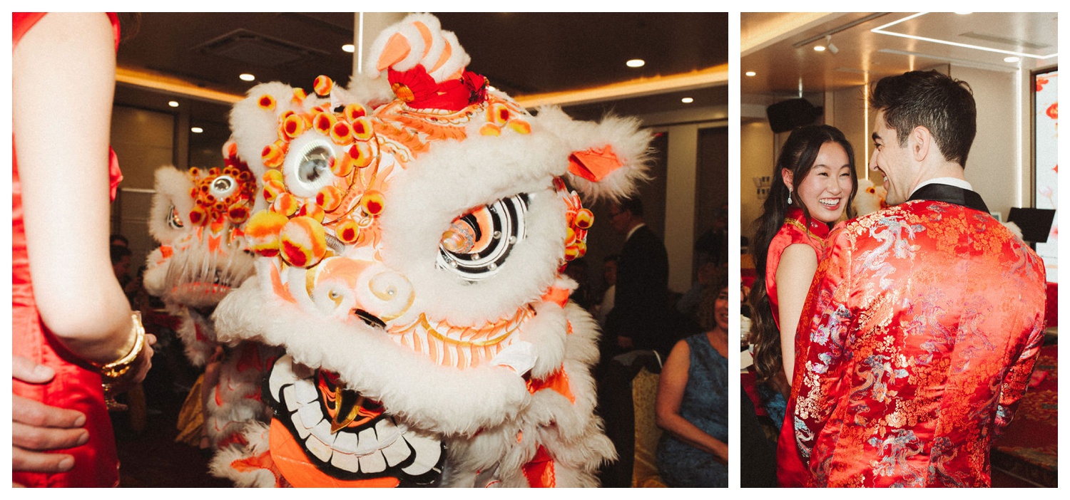 Lion dancers performing at House Of Joy in NYC for a tea ceremony