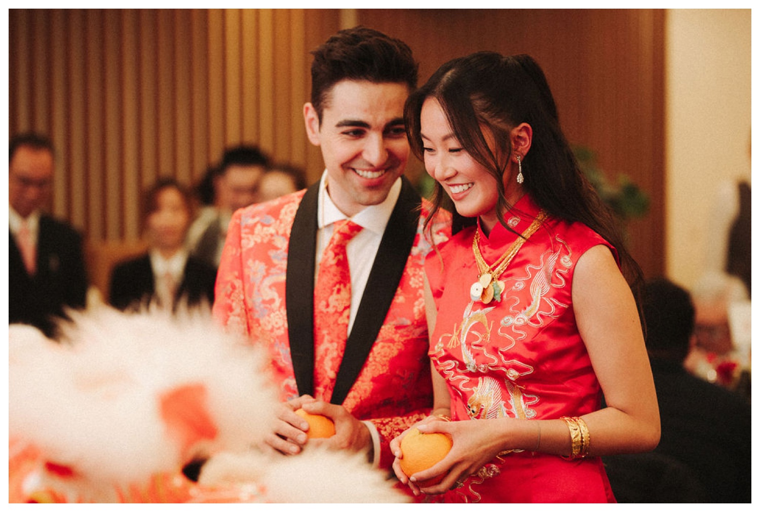 Lion dancers performing at House Of Joy in NYC for a tea ceremony