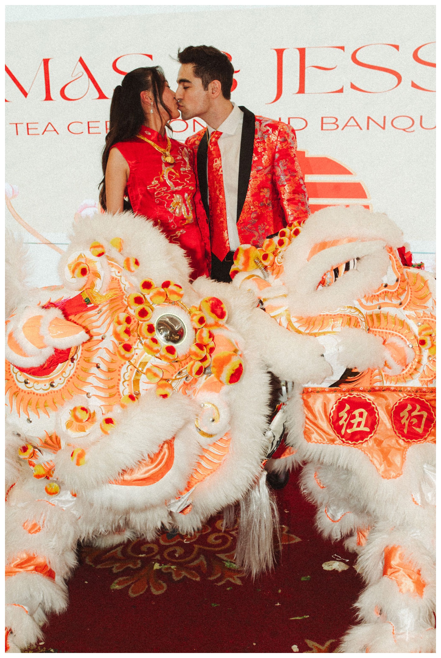 Lion dancers performing at House Of Joy in NYC for a tea ceremony